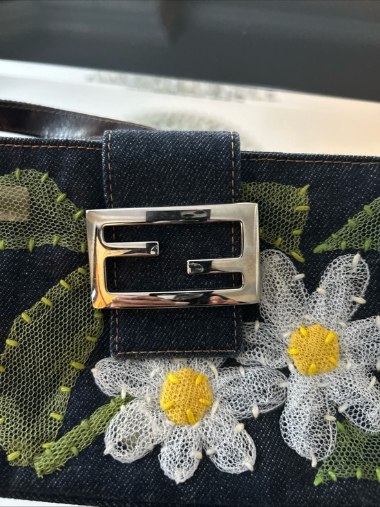 Fendi Handbags - Fendi Denim Baguette with White & Yellow Floral Appliqués and Silver Buckle